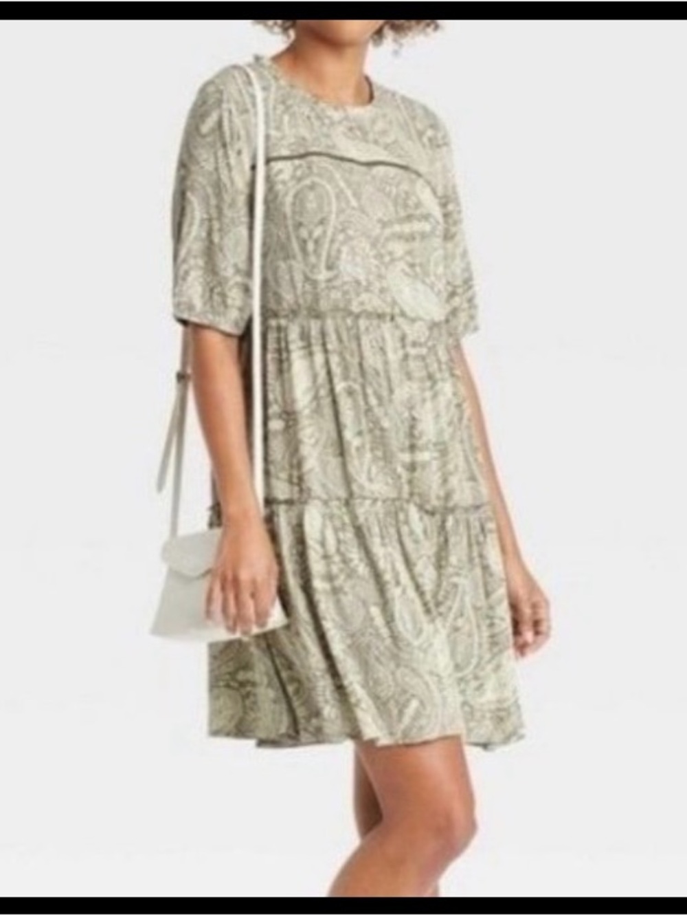 Knox Rose Elbow Sleeve Large Tiered Short Sleeve Paisley Dress in Sage